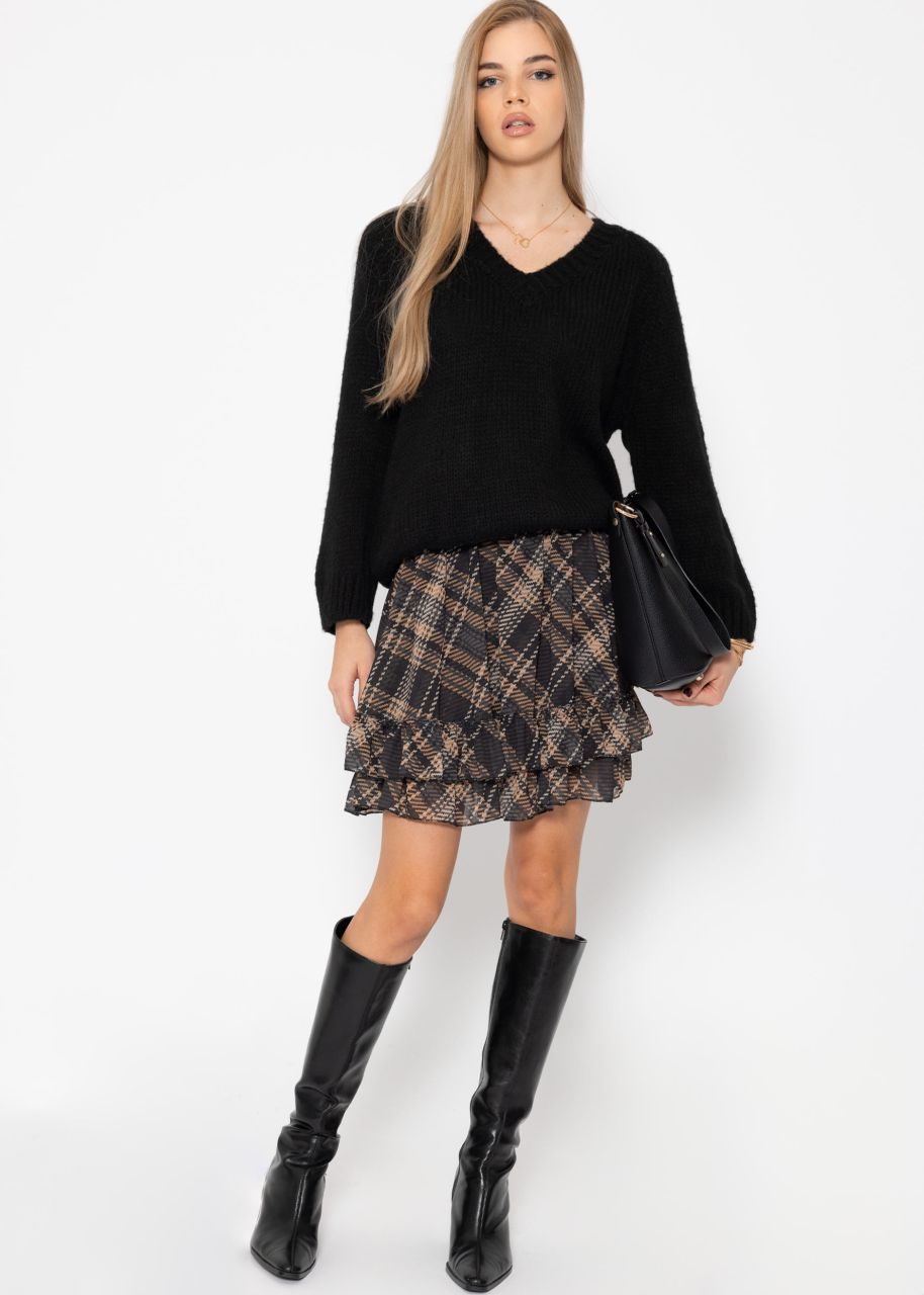 Flouncy skirt with ruffles in a check print - brown