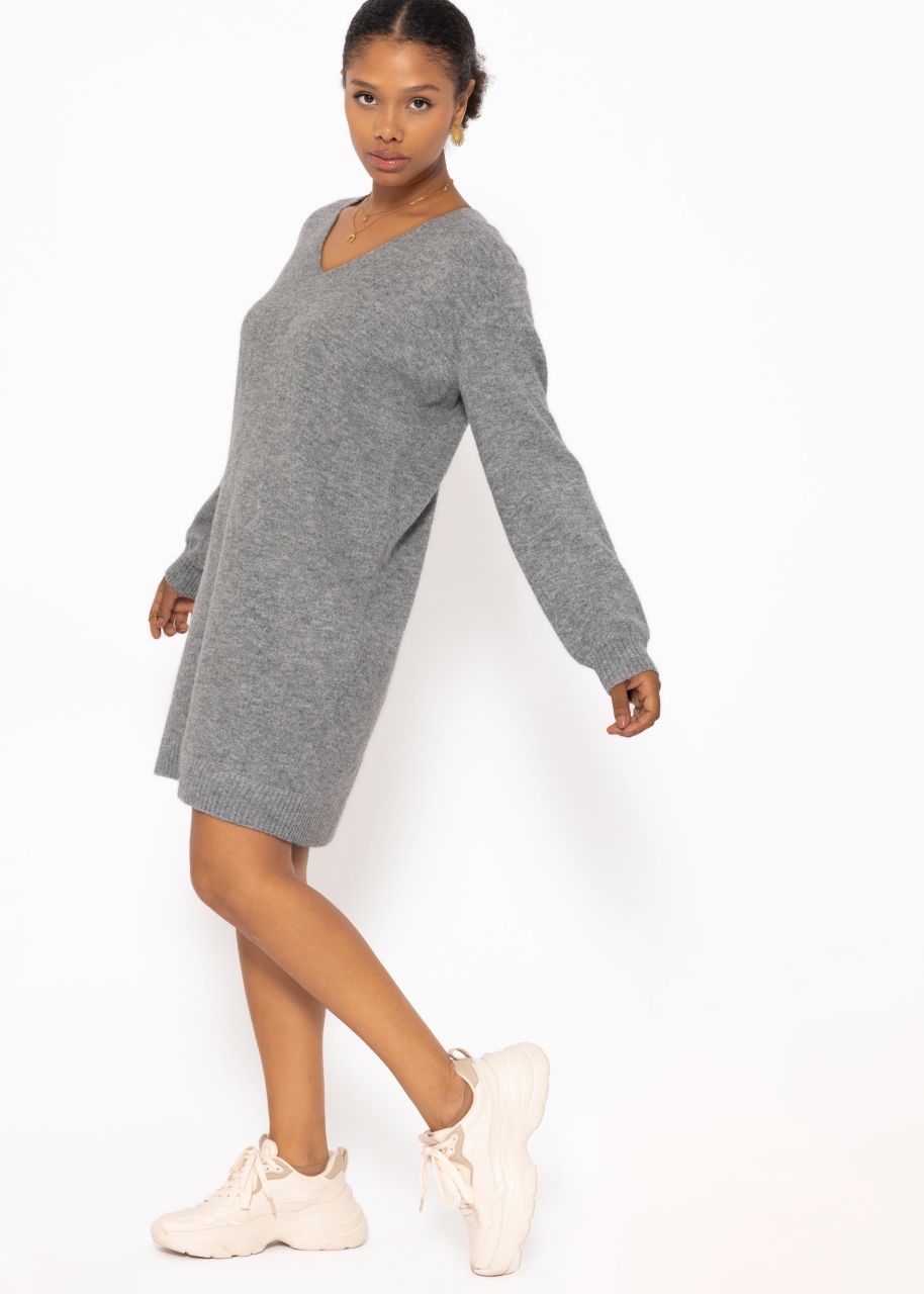 Knitted dress with V-neck - dark gray