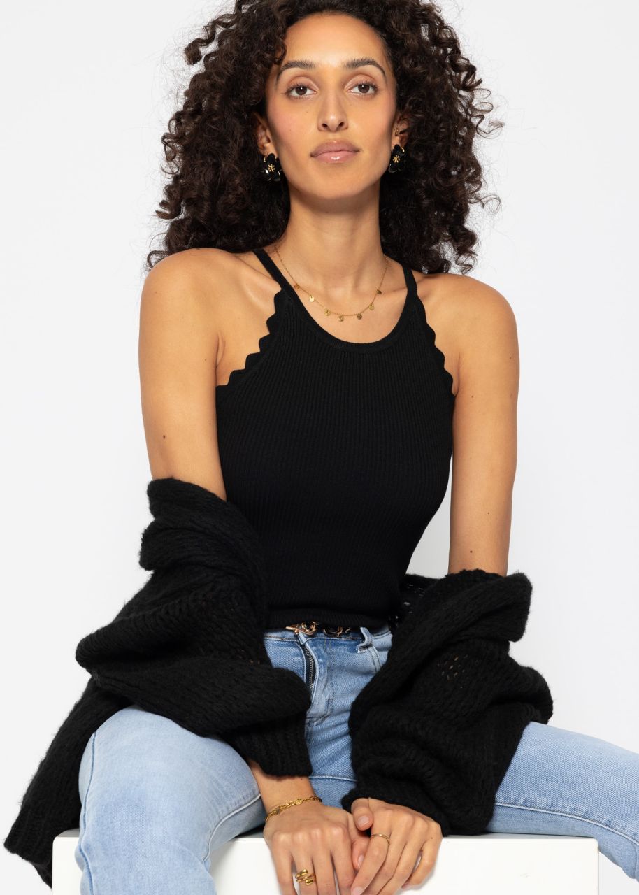 Knit top with scalloped edge, black