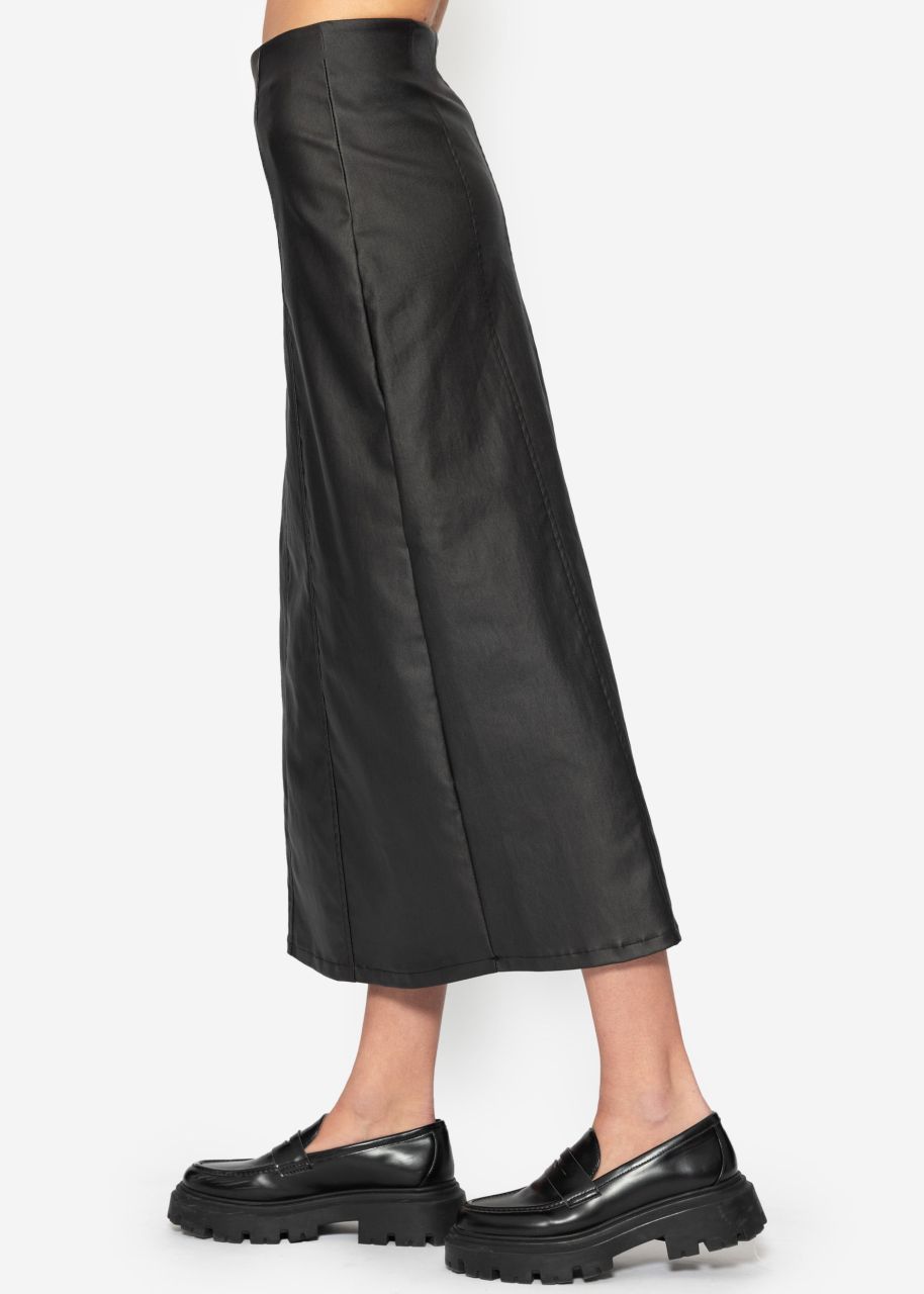 Long leather-look skirt with dividing seams - black