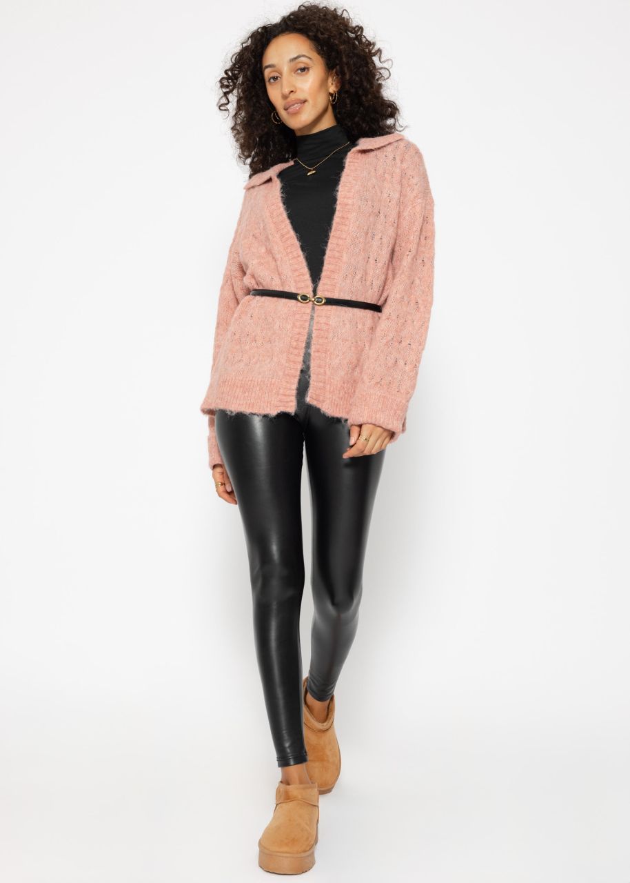 Fluffy cable-knit cardigan with collar - dusky pink