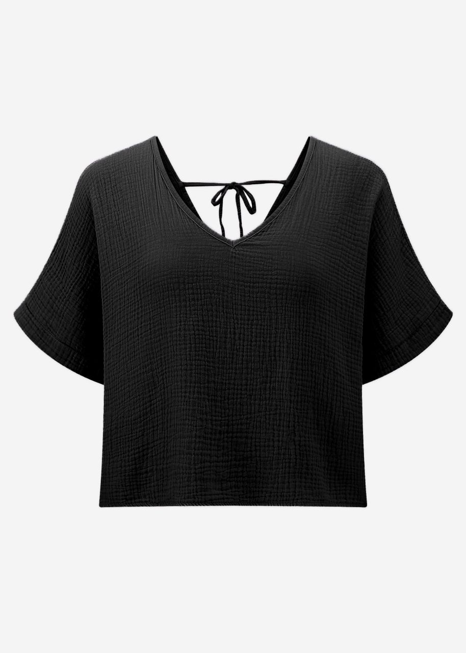 Muslin shirt with V-neck - black