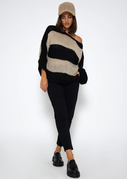 Loose knit oversize jumper- black-beige, Pullover