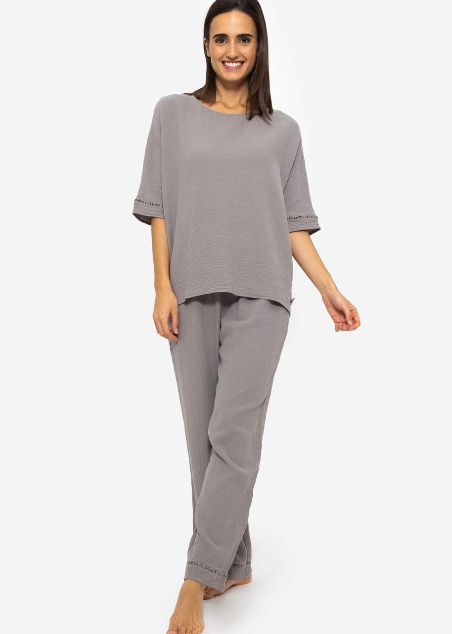 Muslin pyjama bottoms with lace trim - taupe