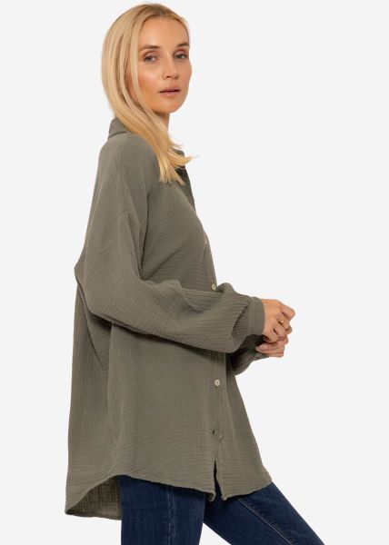 Musselin Bluse mit abgerundetem Saum, khaki