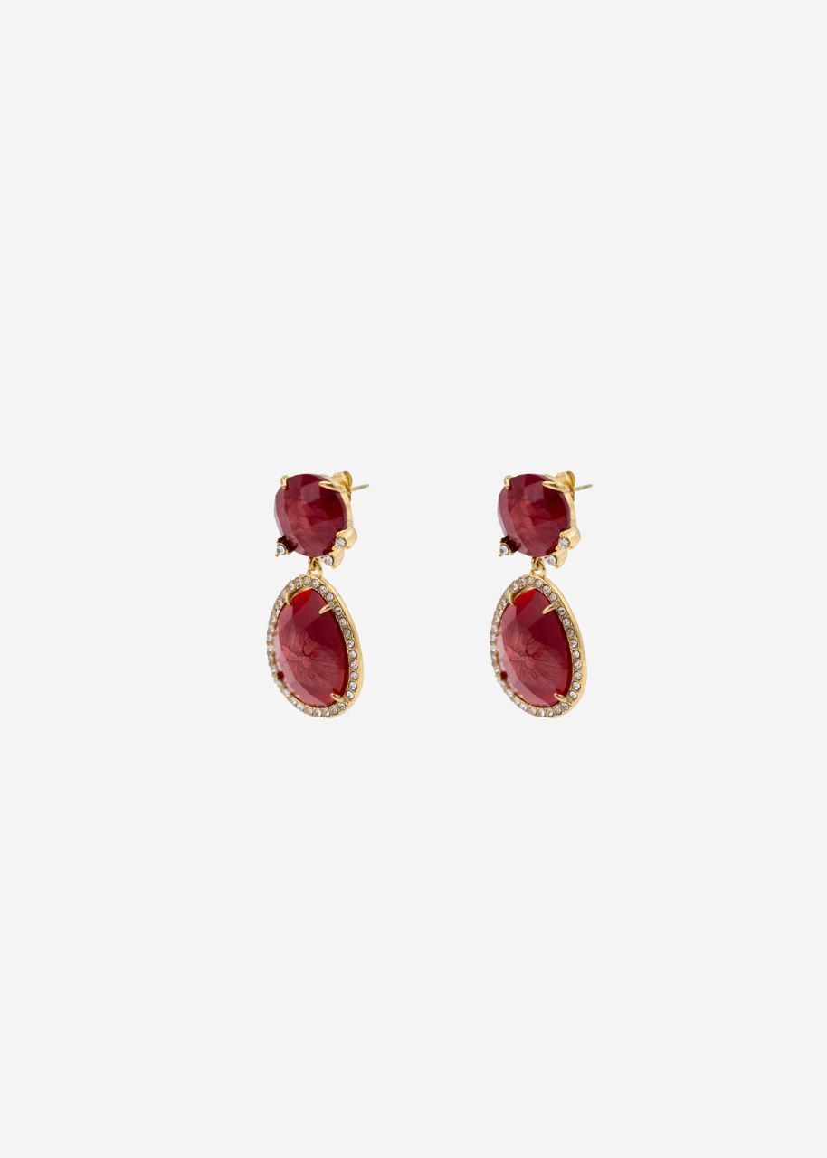 Stud earrings with red pendant - gold