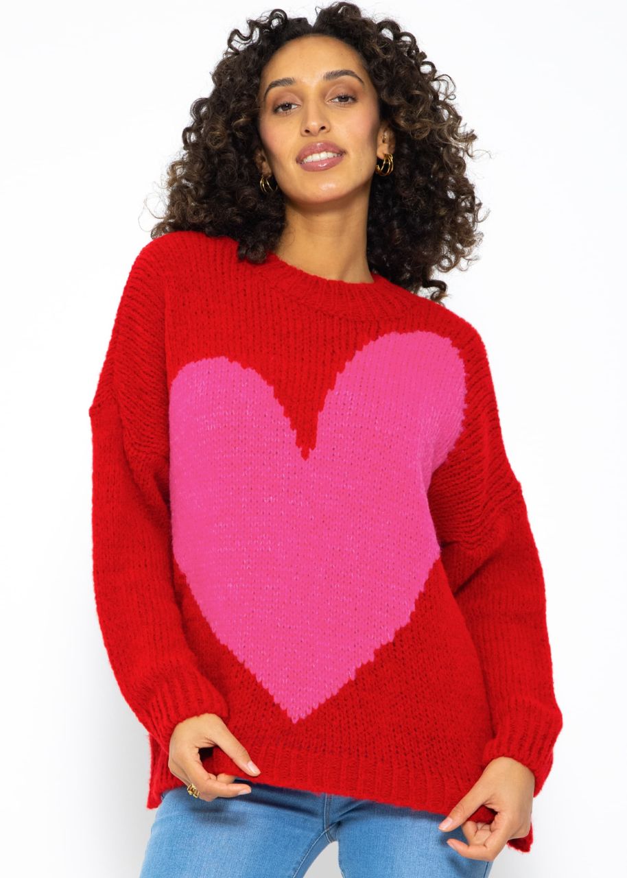 Oversized jumper with heart motif - red-pink