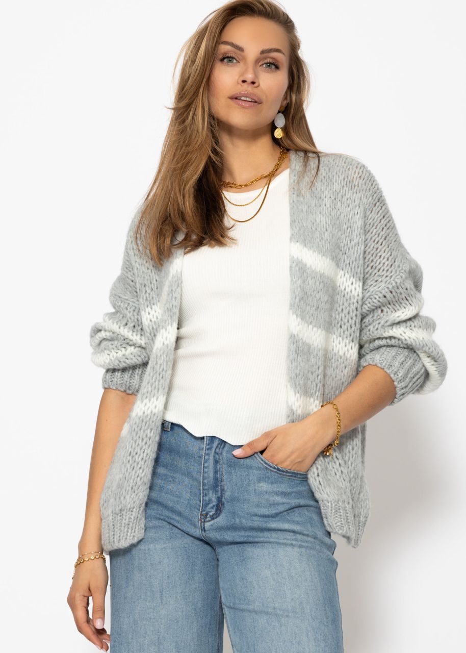 Oversize cardigan with white stripes, light grey