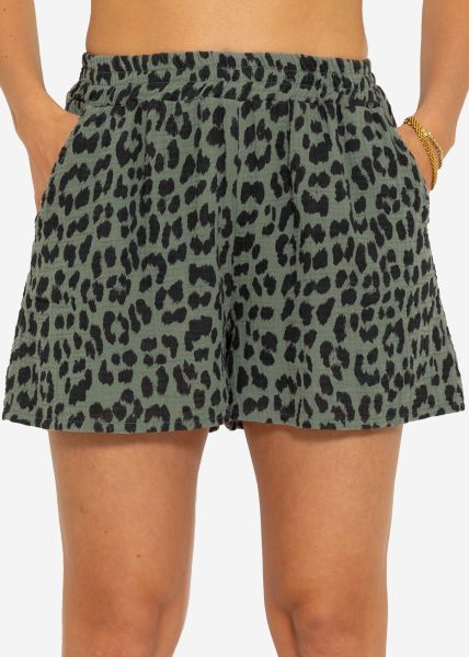 Muslin shorts with leo print - khaki