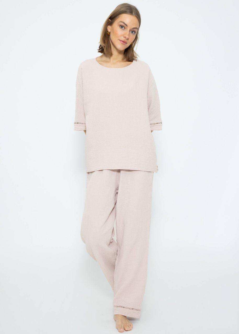 Muslin pyjama shirt with lace trim - dusky pink
