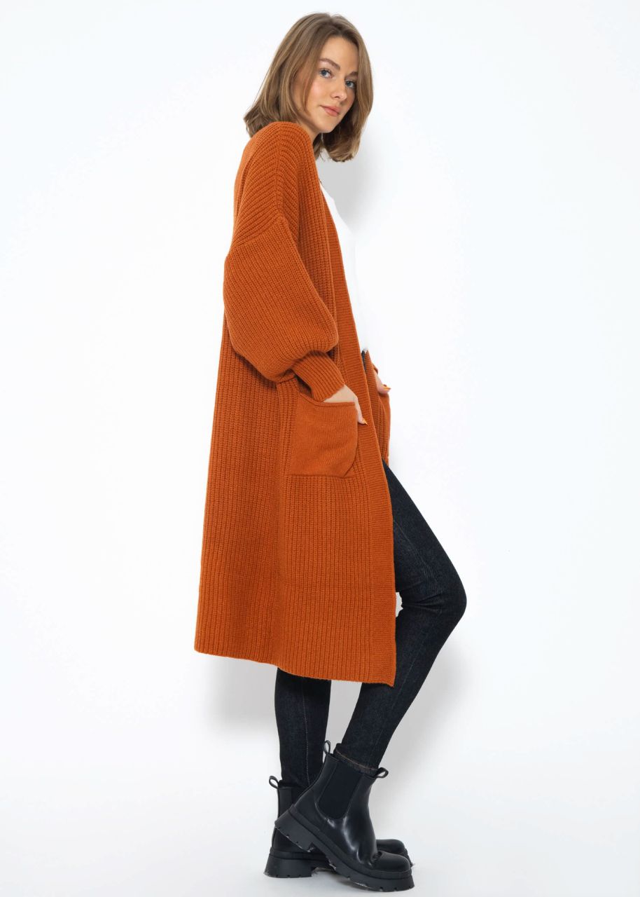 Long super soft cardigan with pockets - rust