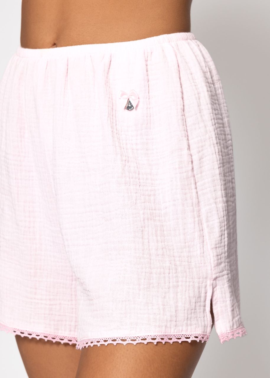 Muslin pyjama shorts with lace trim - pink