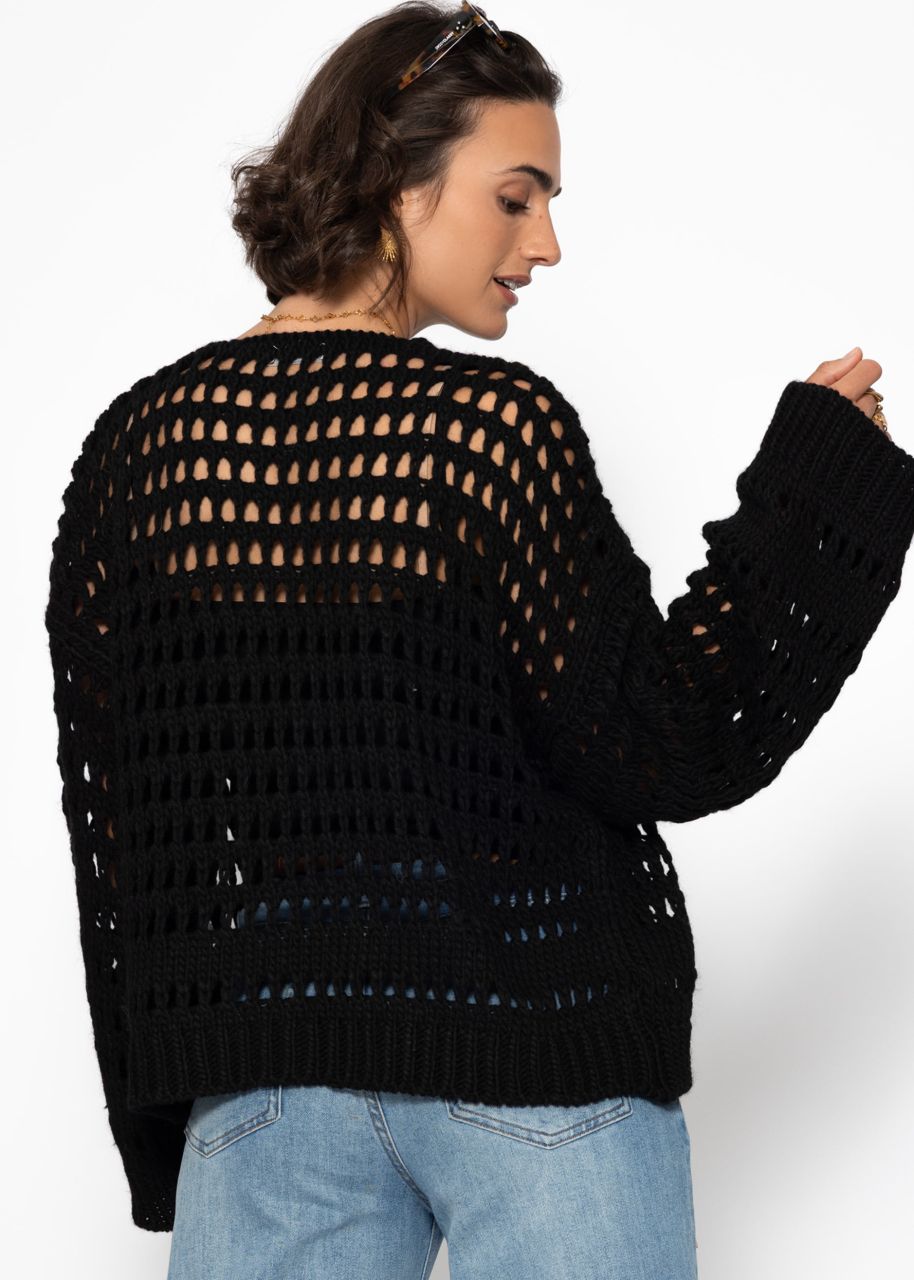 Casual cardigan with a lace knit pattern - black