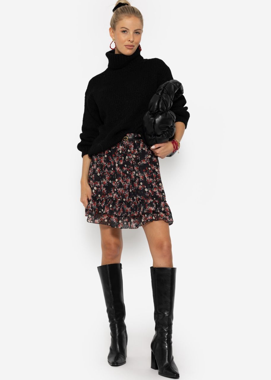 Flouncy skirt with ruffles and floral print - black