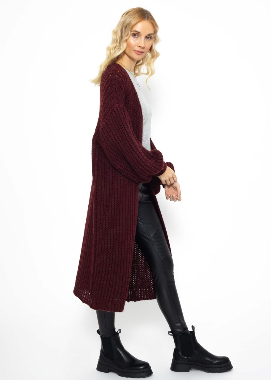 Ribbed long cardigan with balloon sleeves - burgundy