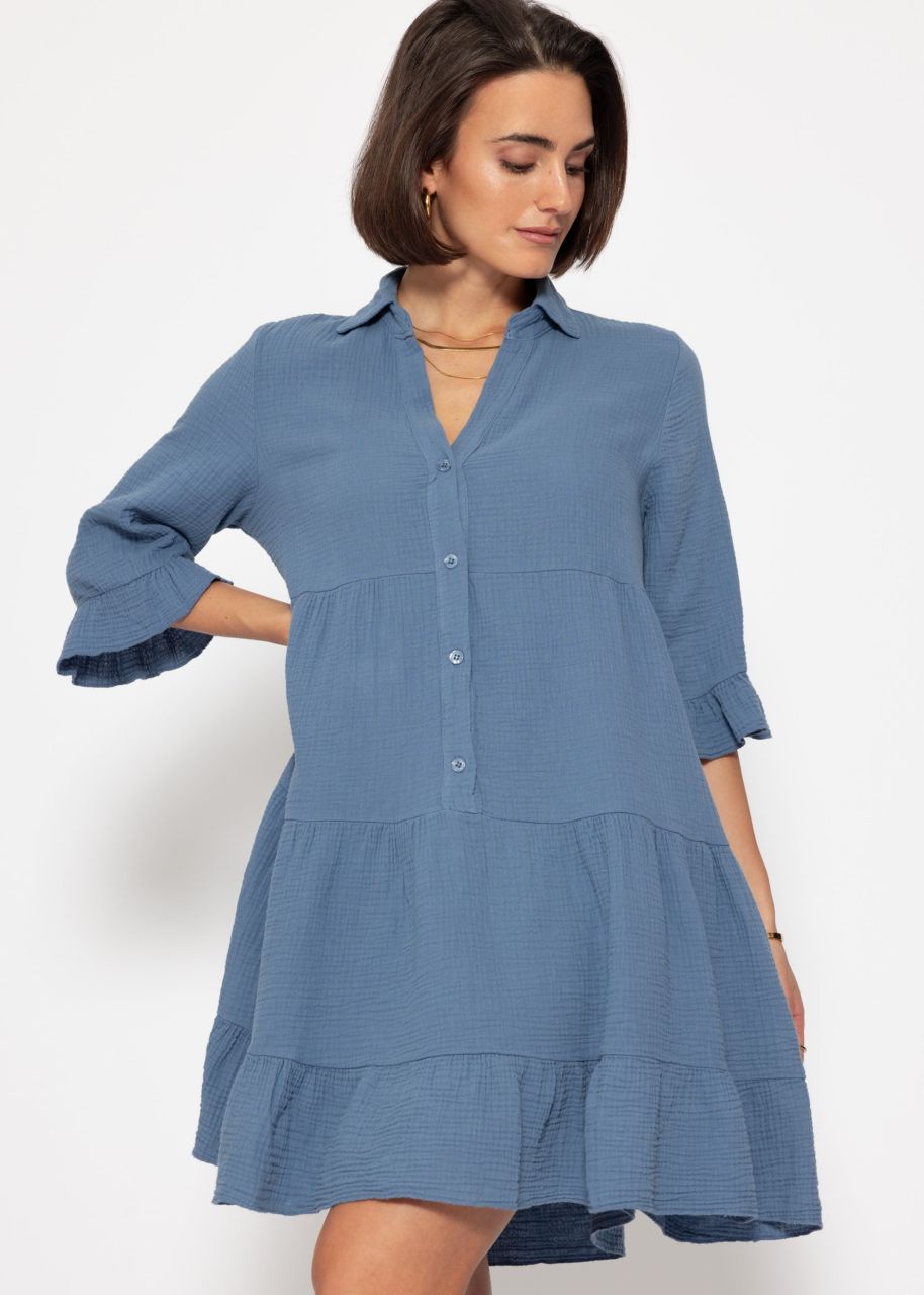 Muslin dress with flounces - denim blue