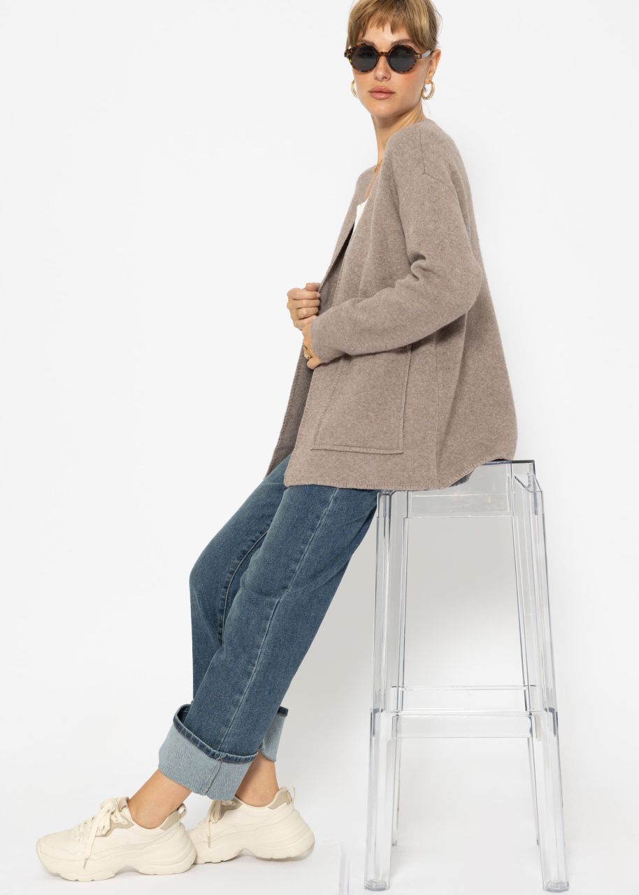 Open cardigan with patch pockets - taupe