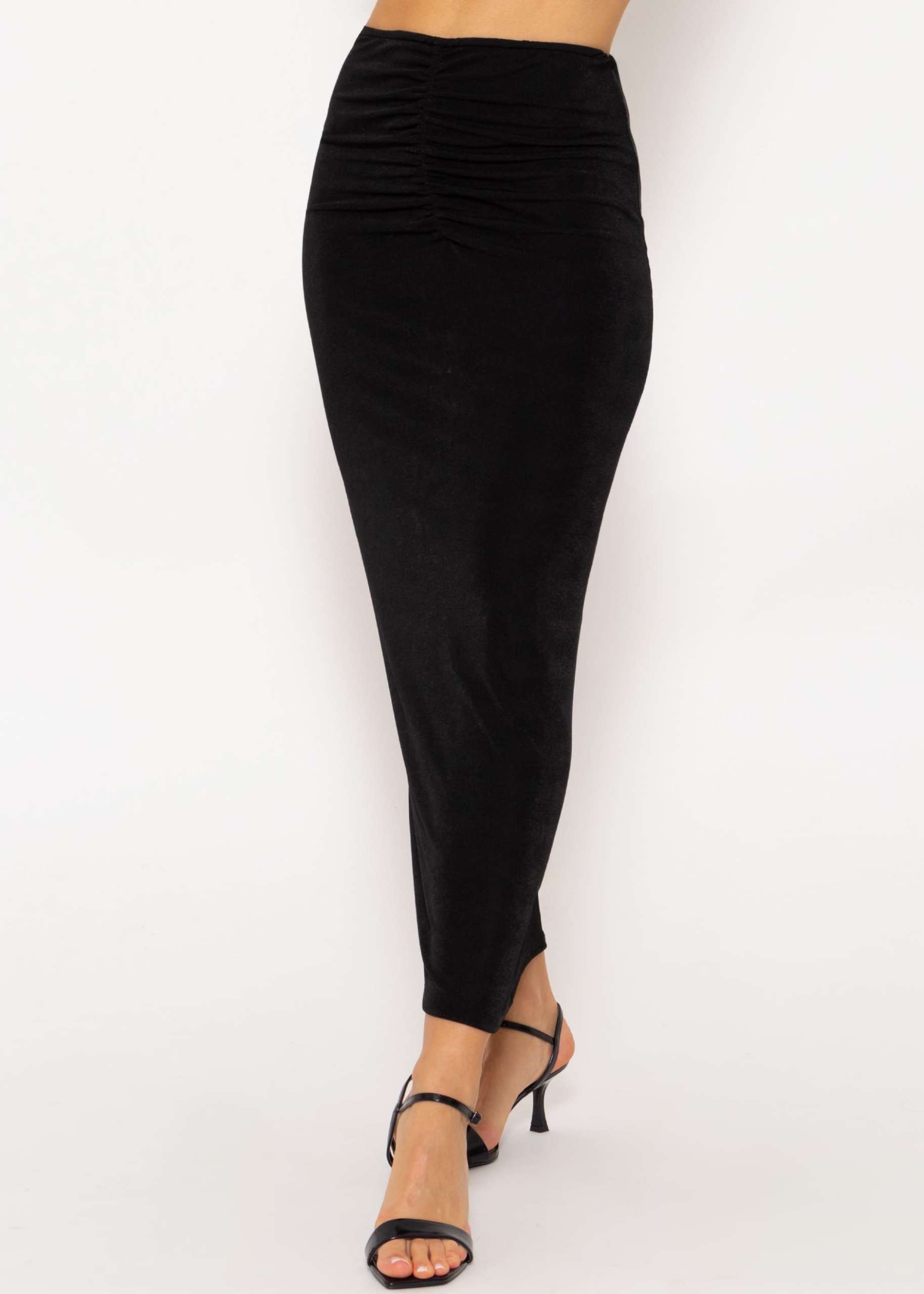 Long jersey skirt with gathers - black