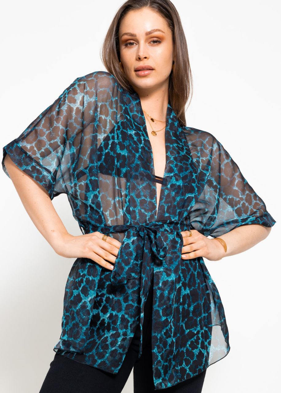 Transparent kimono with leo print - turquoise