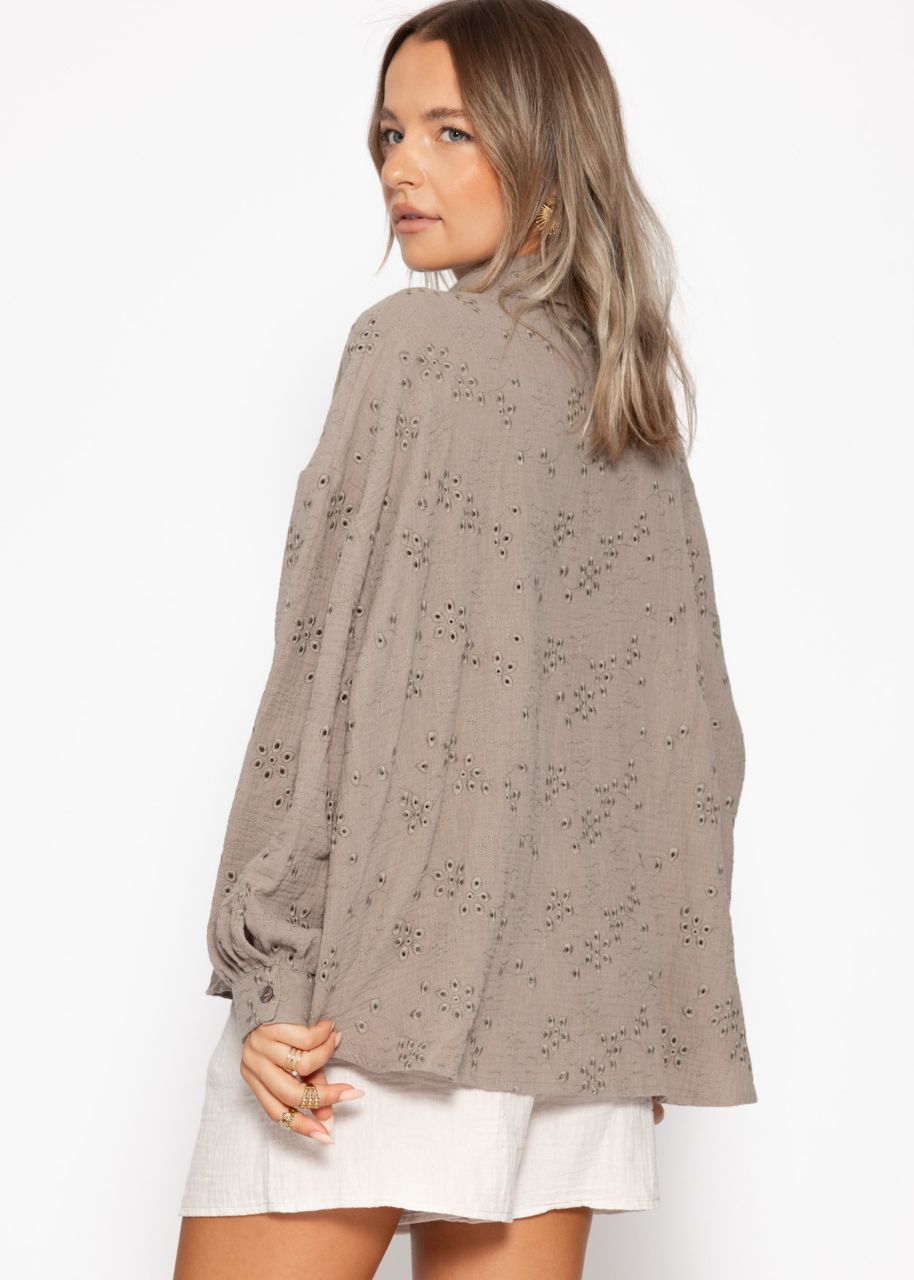Muslin blouse with eyelet embroidery - taupe