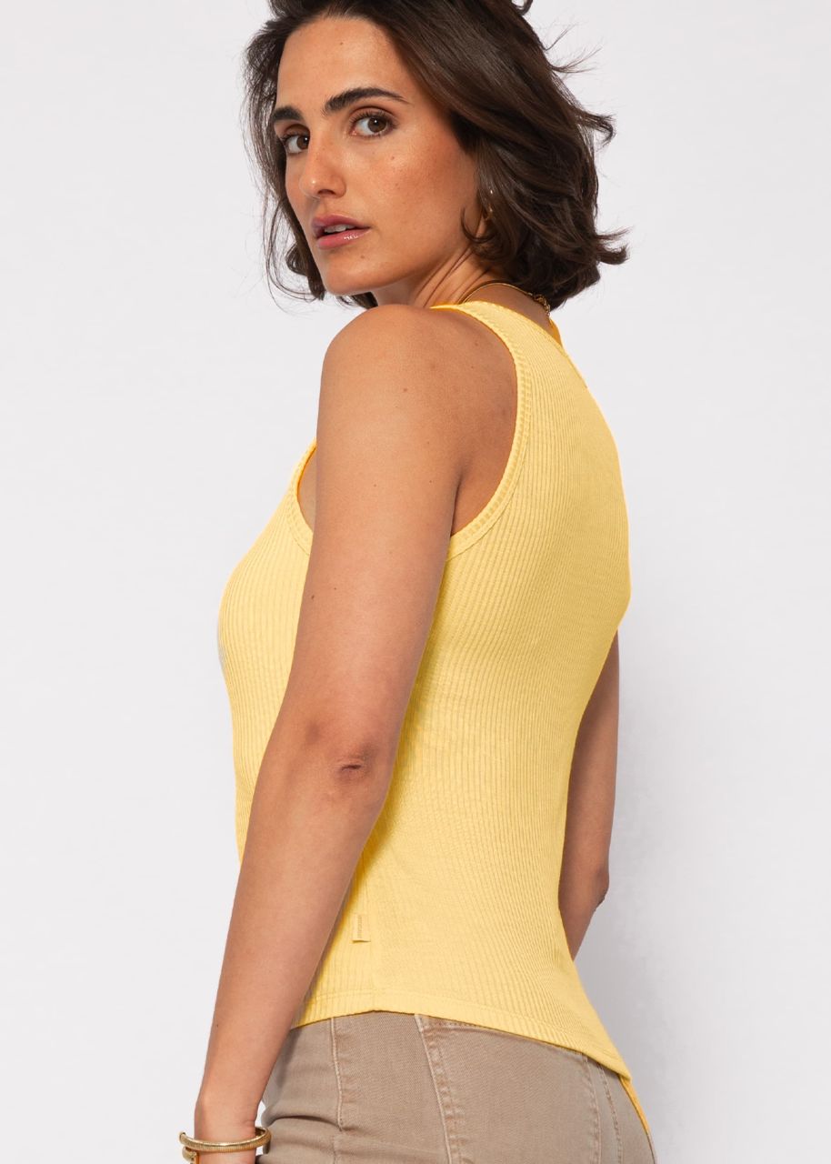 Ribbed top with V-neck - yellow