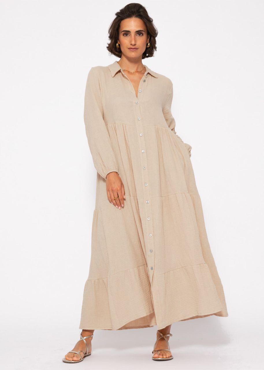 Muslin maxi dress with flounces - beige