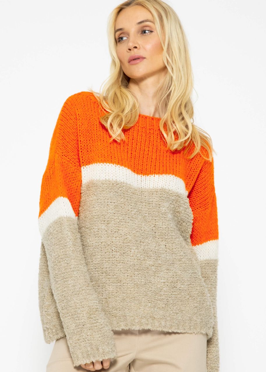 Fluffy jumper with stripe design - orange-offwhite-beige