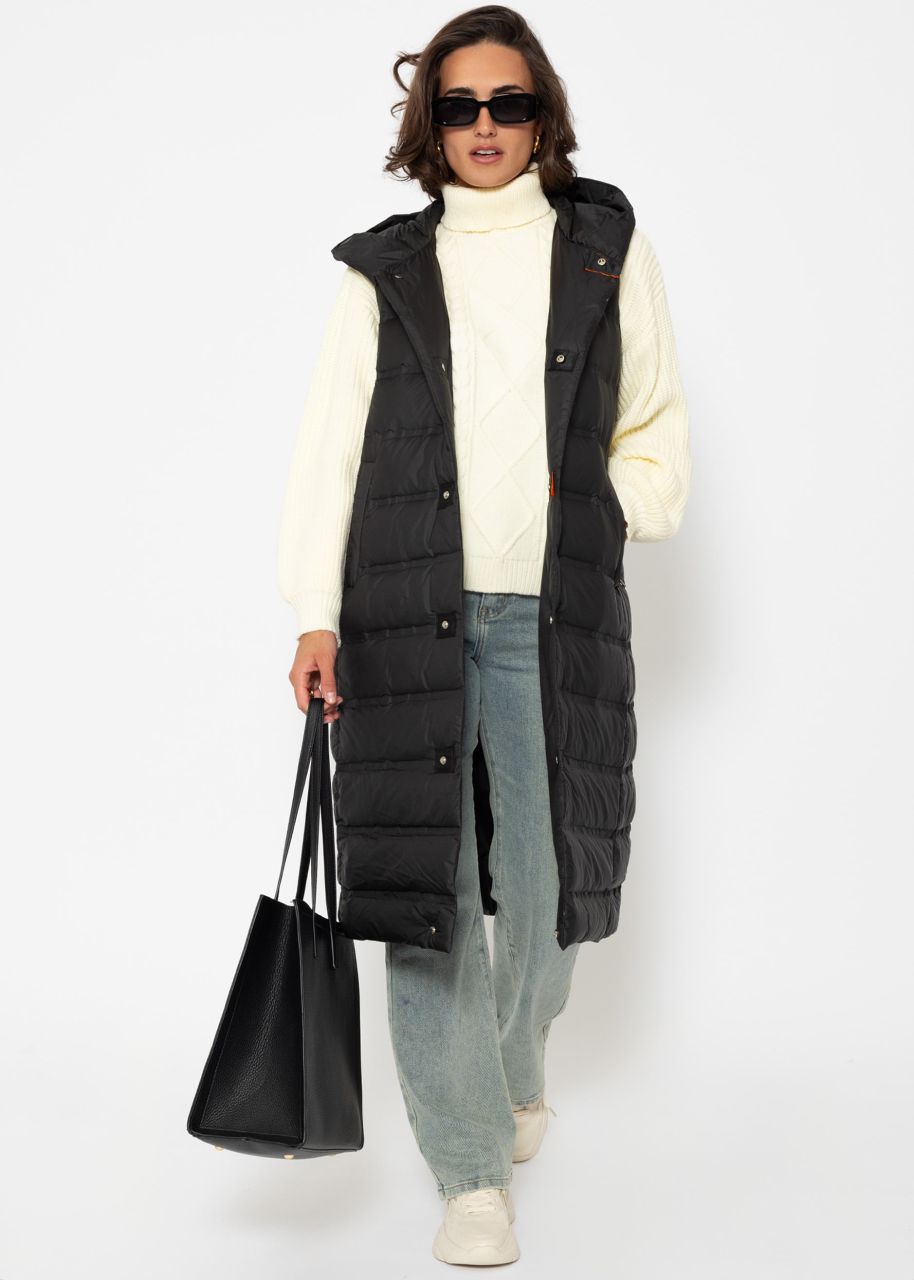 Long quilted waistcoat with hood - black