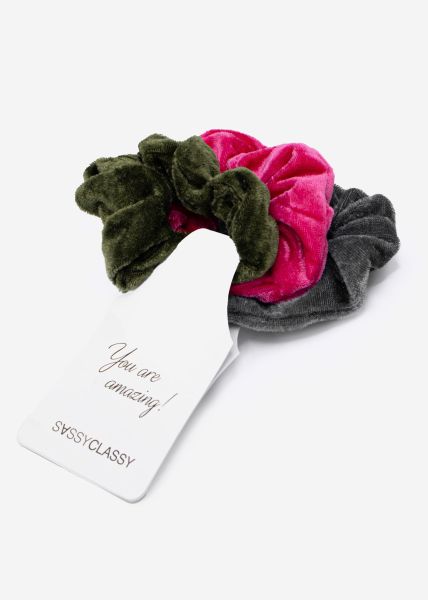 Set of 3 scrunchies, pink/grey/dark green