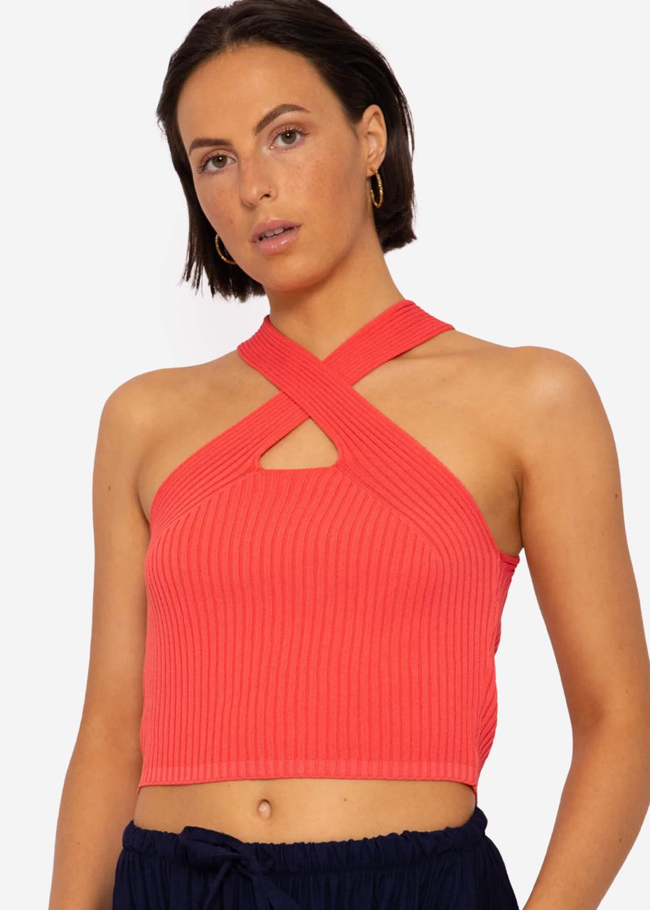 Halterneck knit top, coral