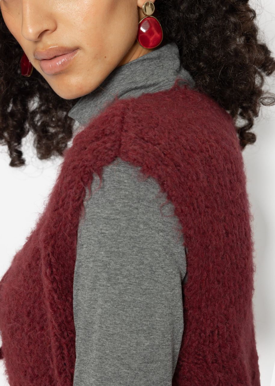 Fluffy, sleeveless knitted vest - burgundy