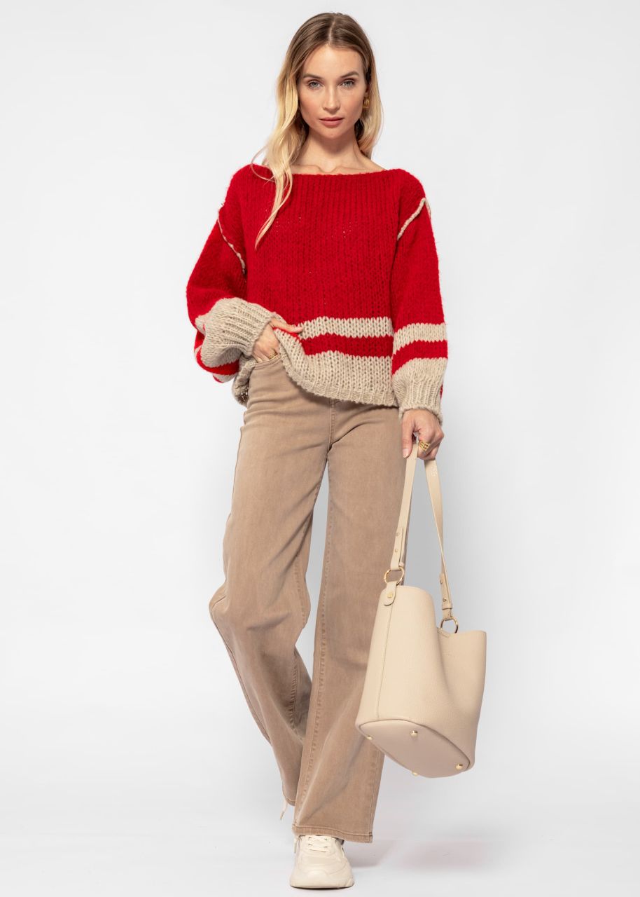 Jumper with striped hem - red-beige