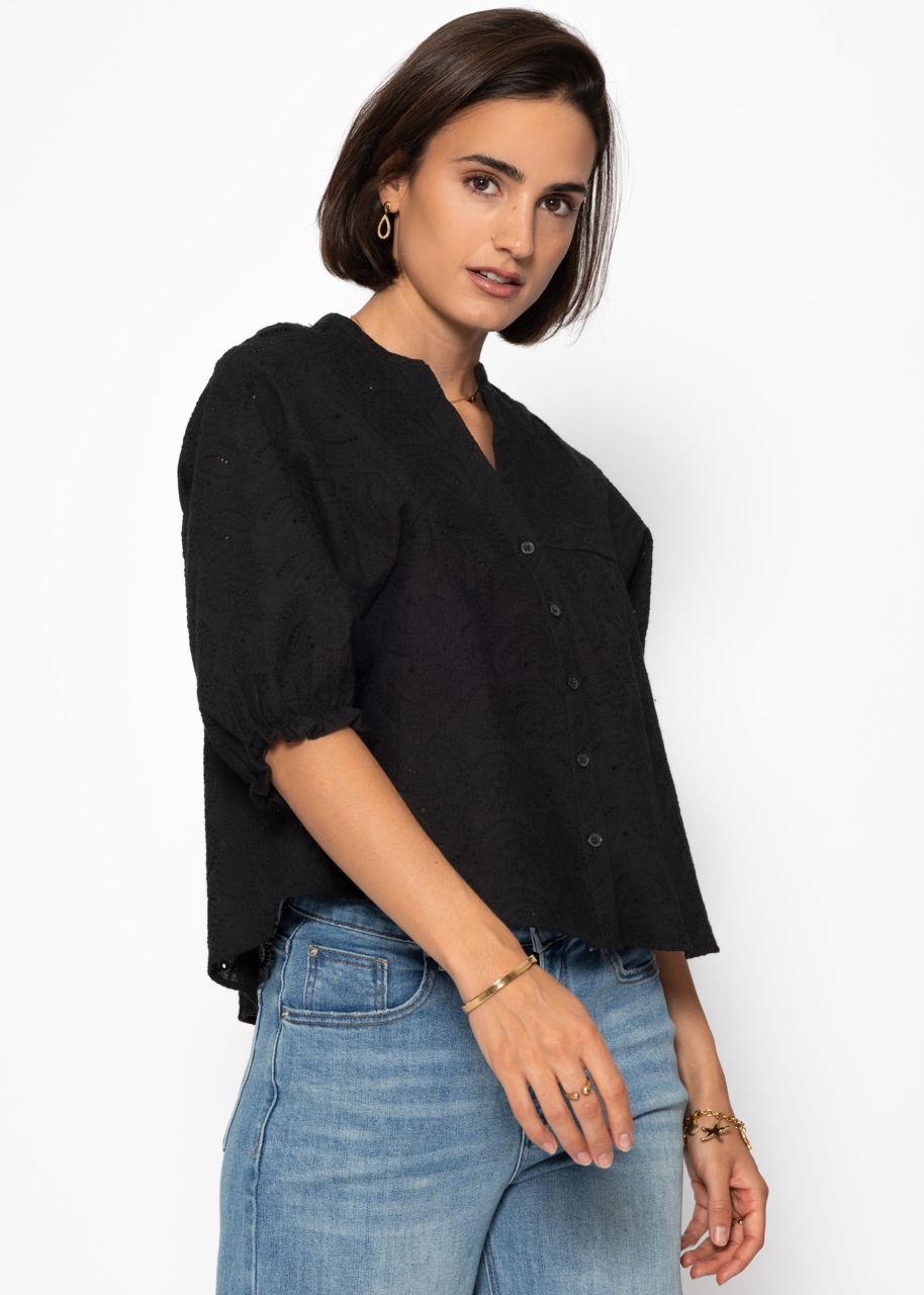 Lace blouse with short balloon sleeves - black
