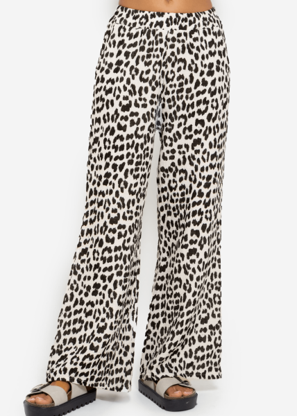 Muslin pants with wide leg in leo print - light beige
