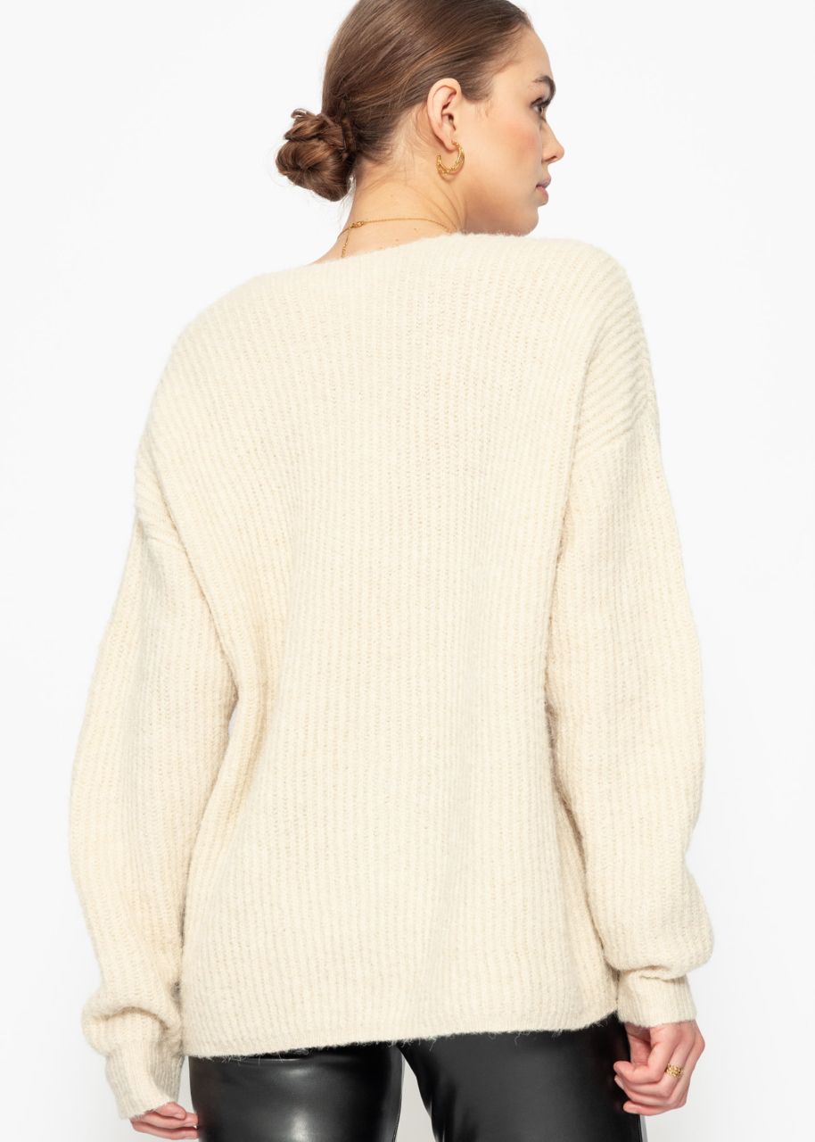 Ribbed jumper with V-neck - beige