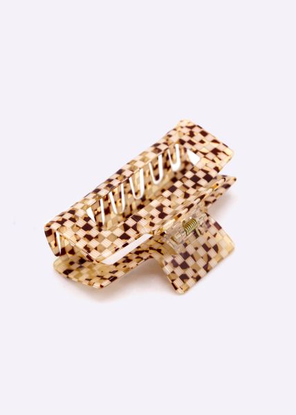 Square hair clip in check pattern, brown