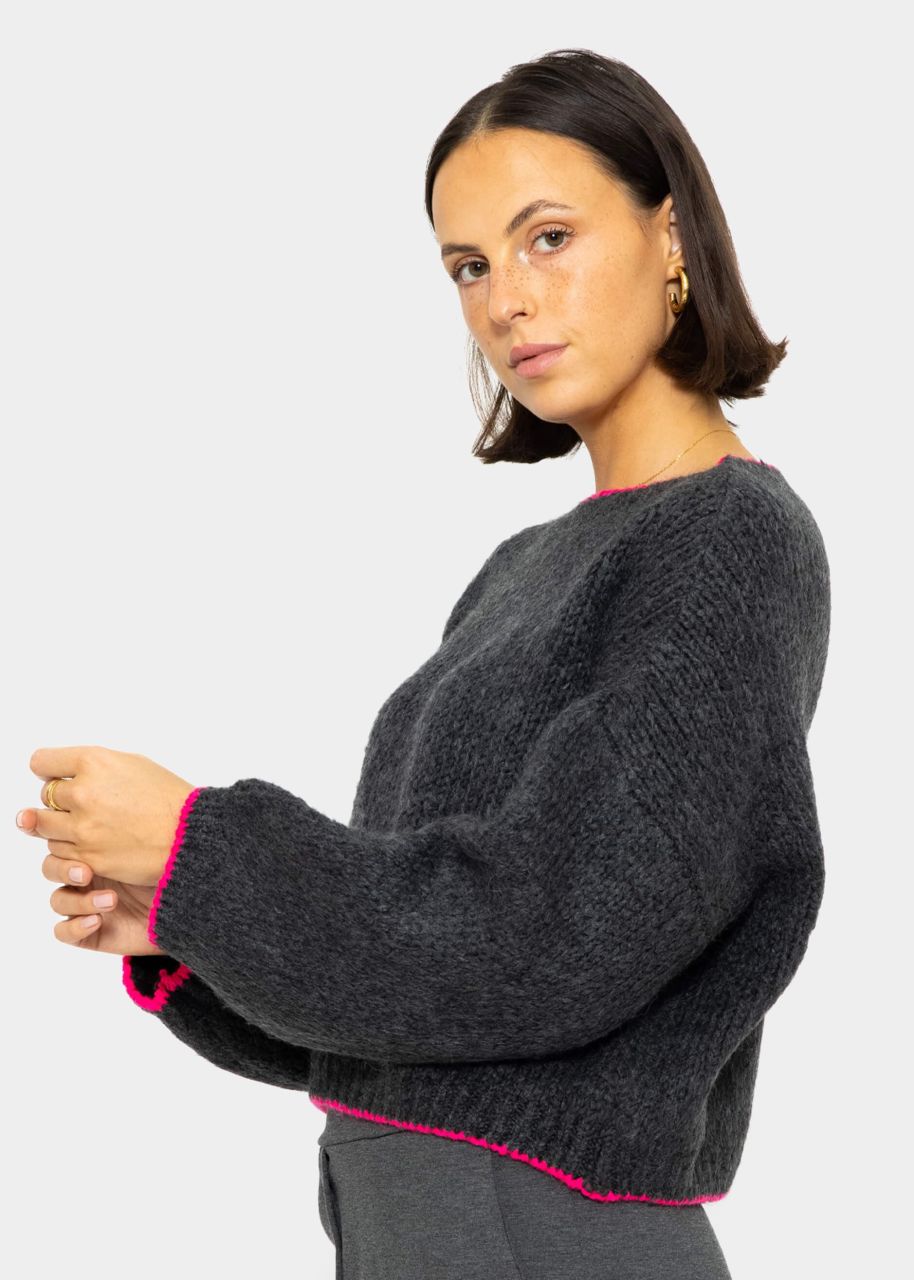 Fluffy jumper with pink trims - dark grey