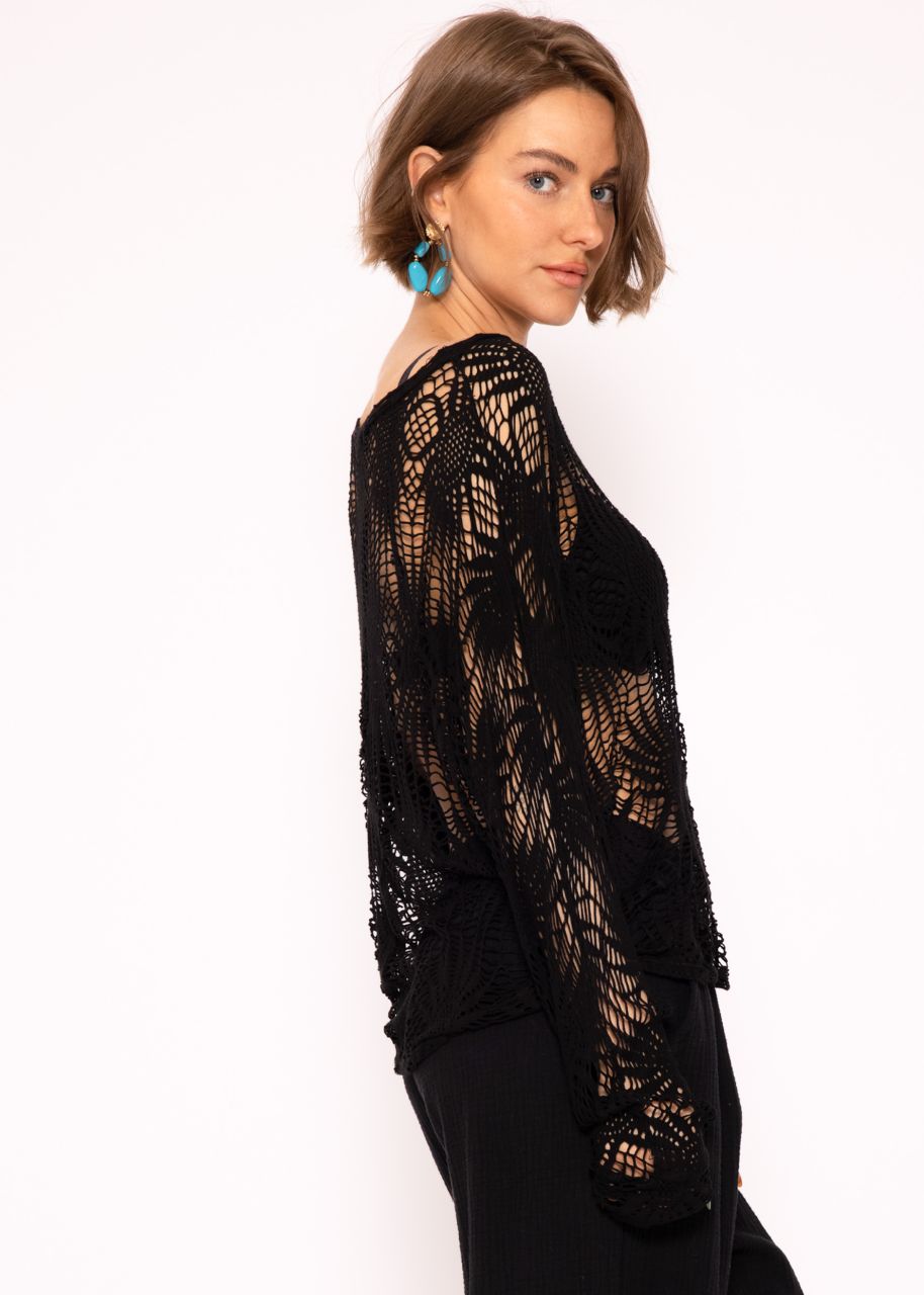 Long-sleeved shirt with lace pattern, black