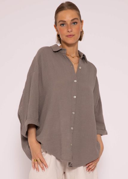 Muslin blouse oversize short sleeve, short, taupe