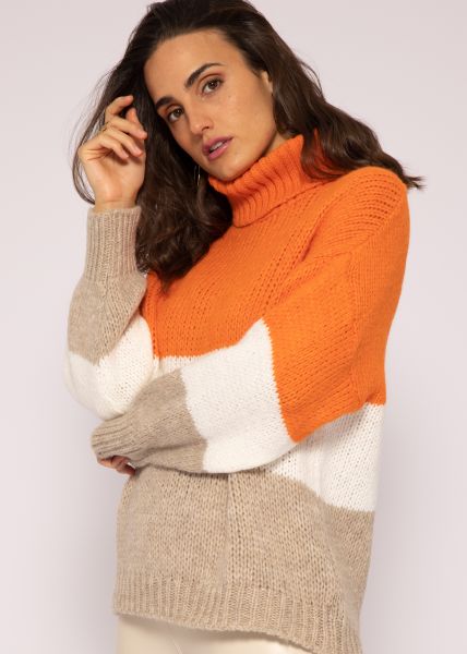 Turtleneck sweater with block stripes, orange/beige/offwhite