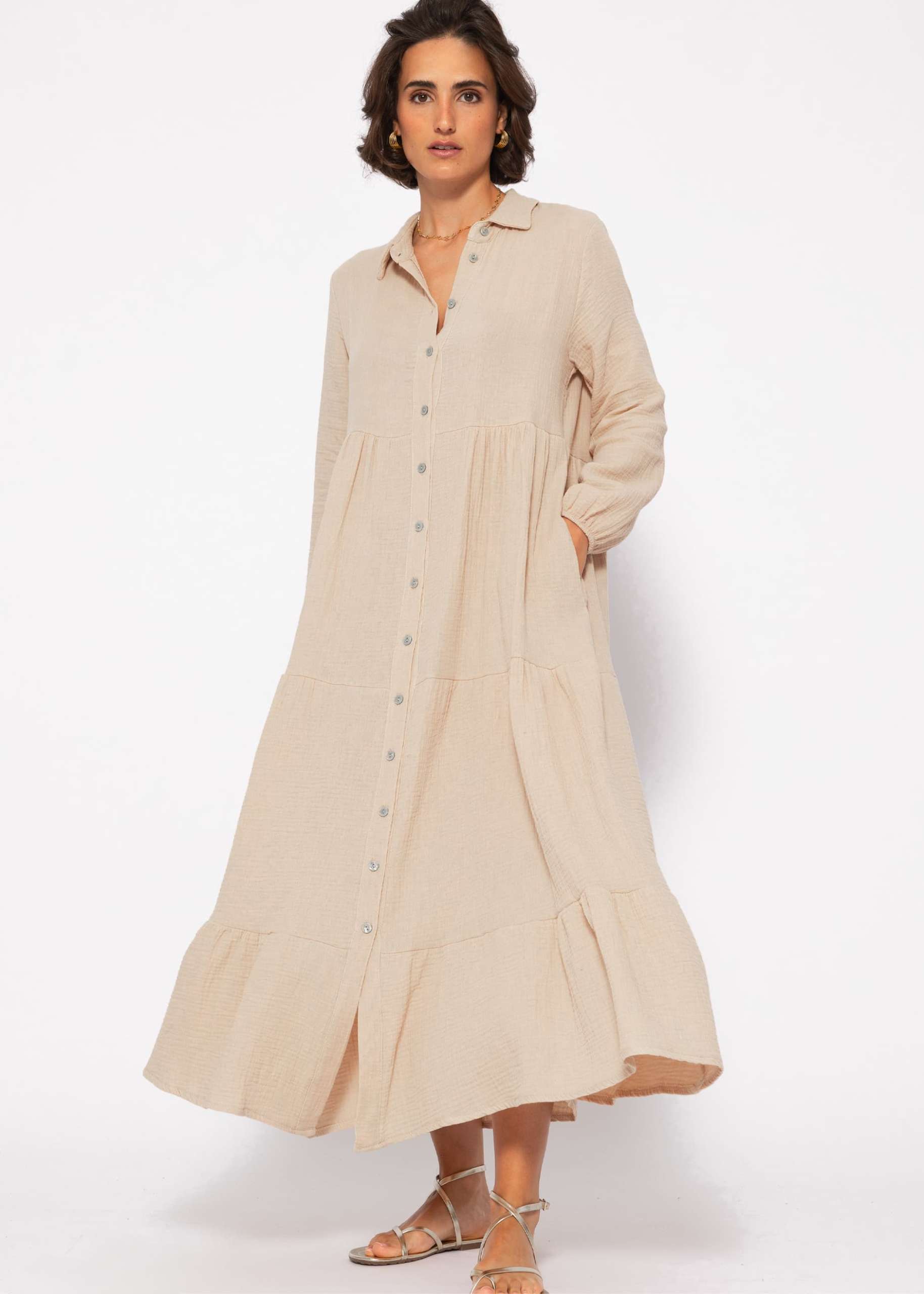 Muslin maxi dress with flounces - beige