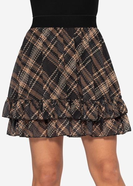 Flouncy skirt with ruffles in a check print - brown