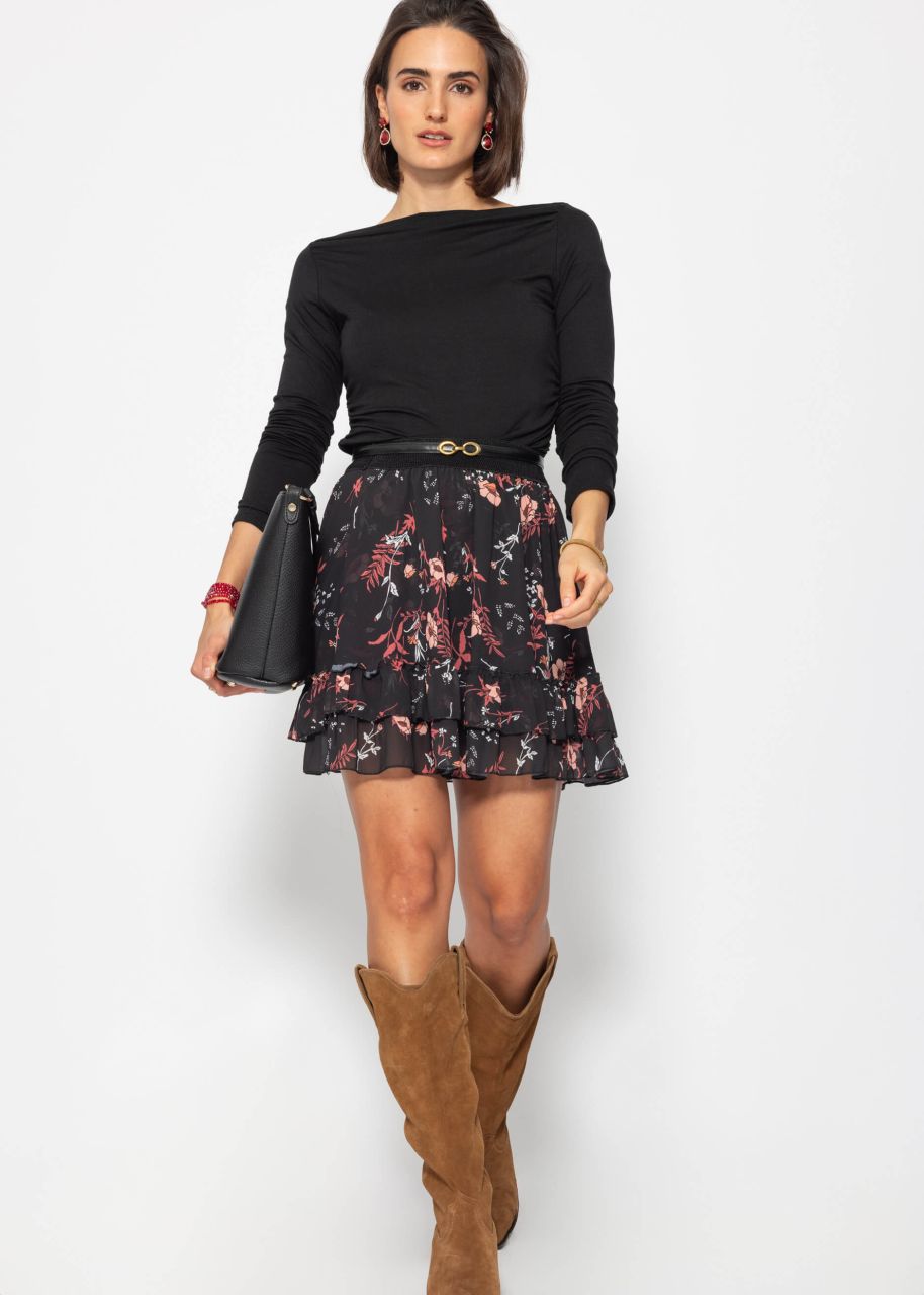 Flounces skirt with ruffles and floral print, black