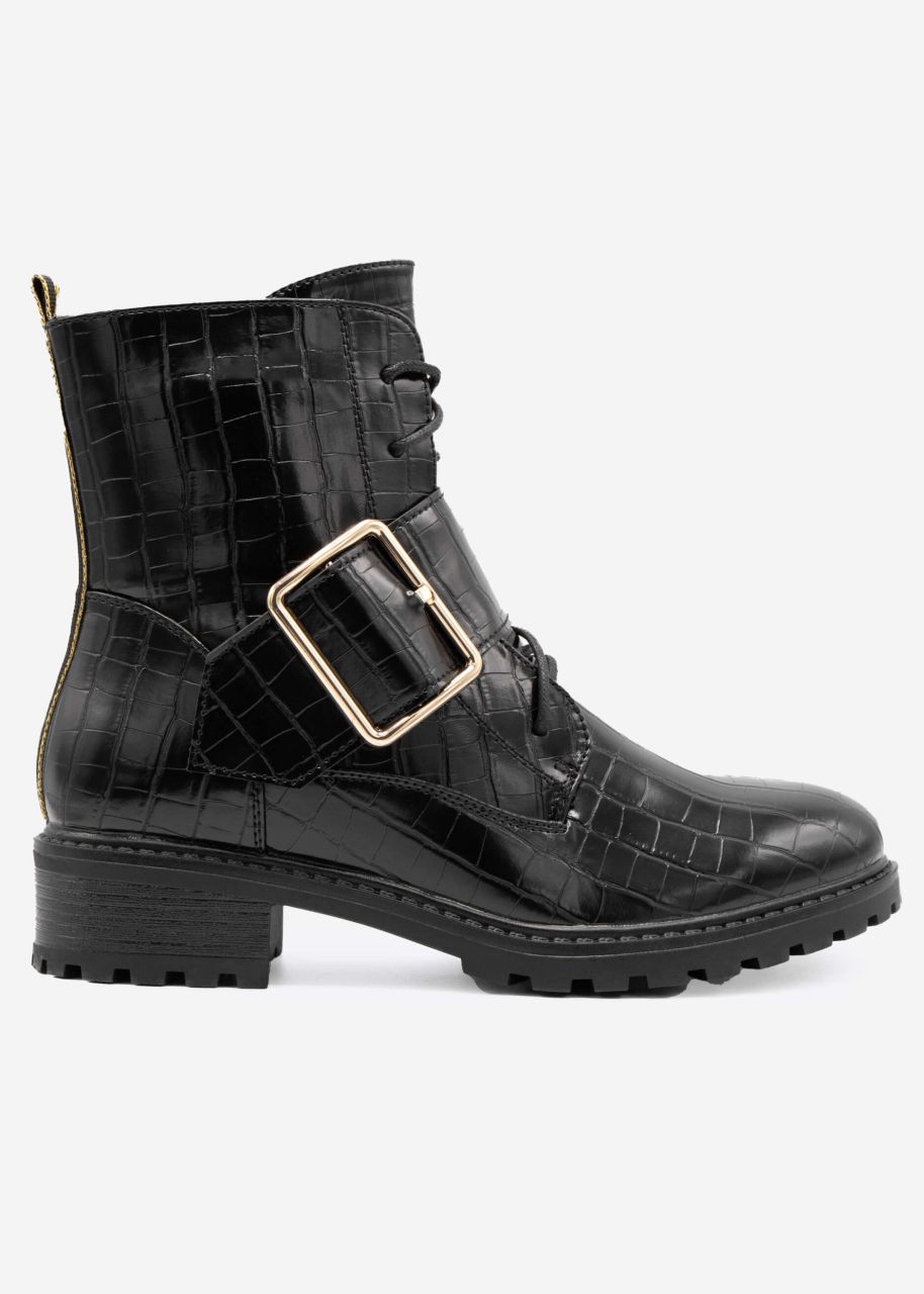 Croco lace-up boots with gold buckle, black