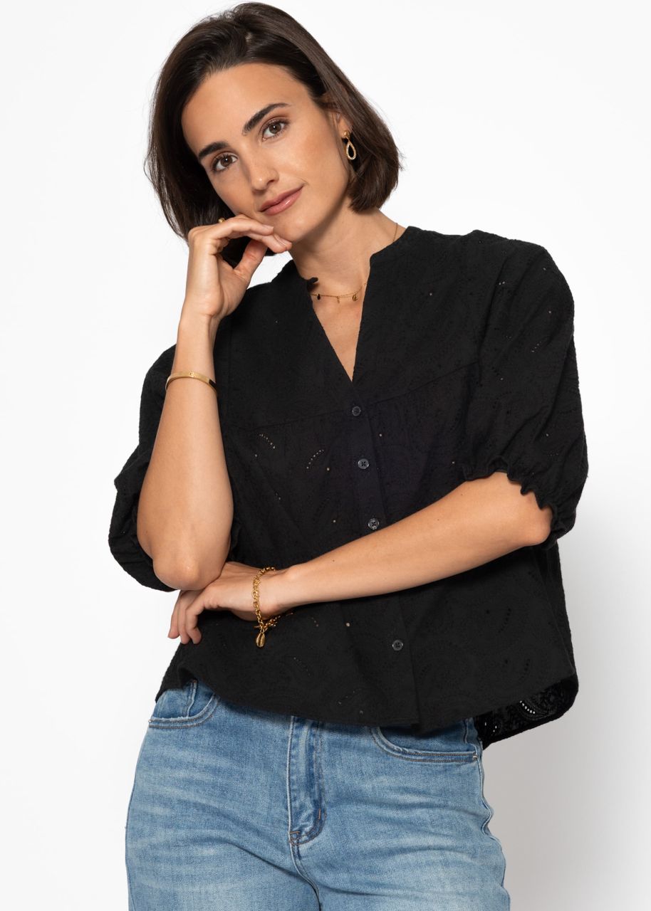 Lace blouse with short balloon sleeves - black