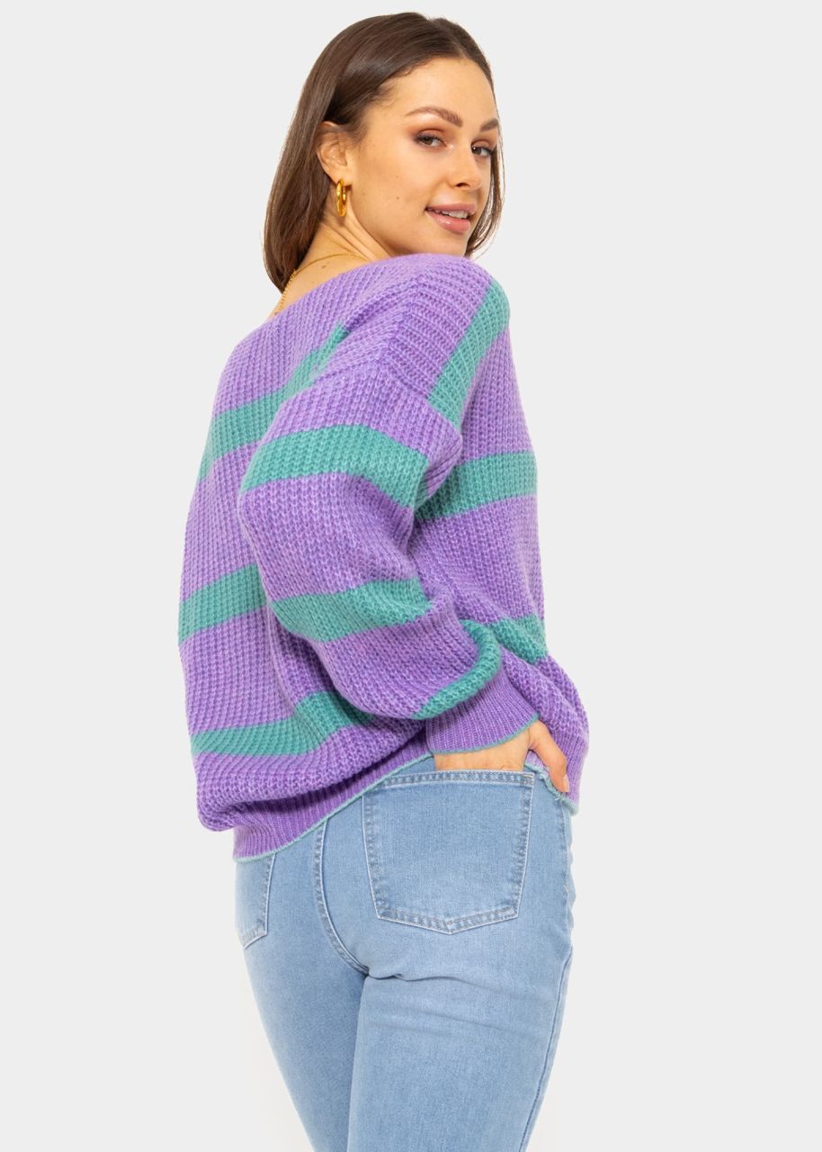 Jumper with stripes and V-neck, purple-turquoise