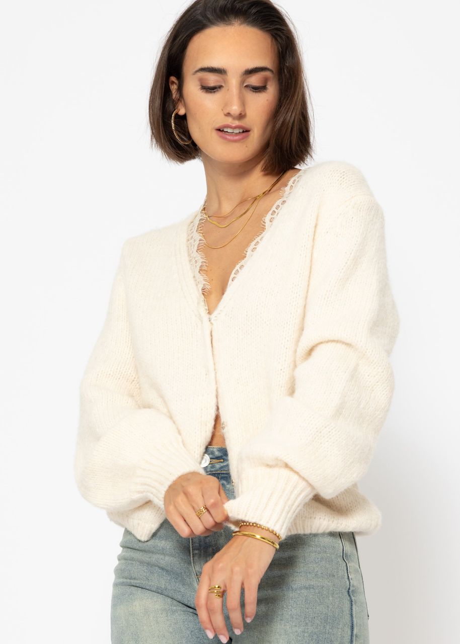 Cardigan with lace neckline - offwhite