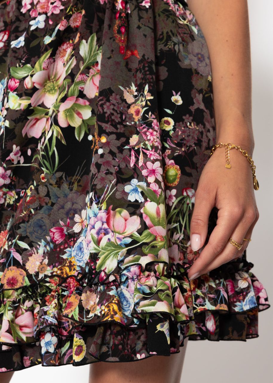 Flouncy skirt with ruffles and floral print - black