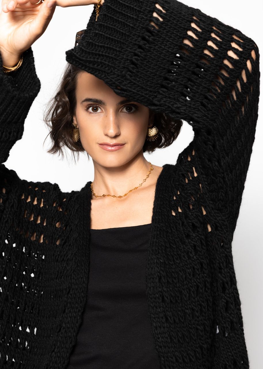 Casual cardigan with a lace knit pattern - black