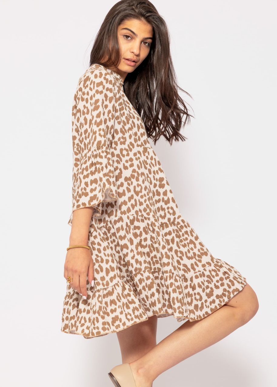 Muslin dress with leo print - offwhite-camel